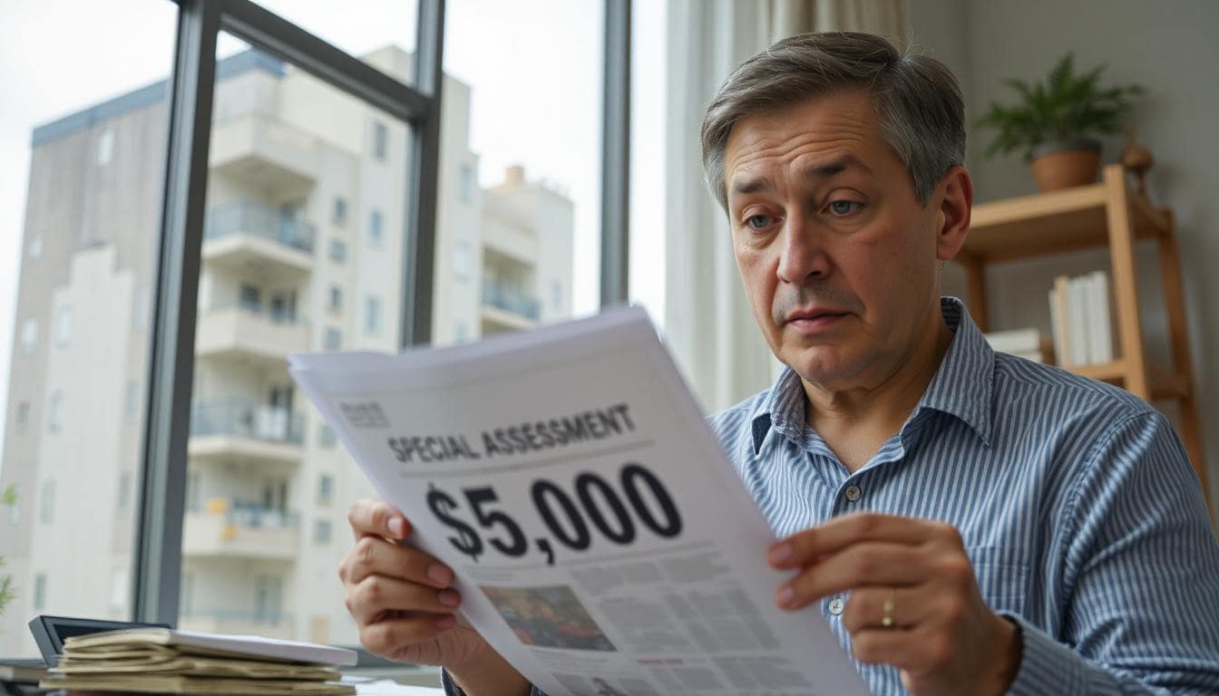 Man holding condo special assessment papers for $5,000.