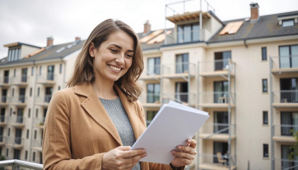 An photo showing a happy condo resident (a woman in her early 40s) looking at their checking account. In the background, show a condo building, maybe with scaffolding or roof work to hint at repairs.